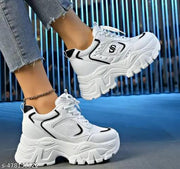 Women's White Chunky Sneakers | Lace-Up Casual Platform Shoes for Walking, Travel, College, Gym, Running & Daily Wear