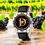 Femeo  Analog 9111 Watches Round Black Dial D Design Stylish Black Leather Strap Classic Design Fancy Wrist Watch for Men and Boys, Pack of 1 - A07ZALPHA-D-AVO-SIL-BLK-L