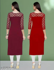 Polyster/Crepe fabric-Pack of 1 Casual And Round-Neck 3/4 Length Sleeves Maroon & Red Kurti (42"Inches)