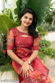 Organza Flower Print Red Kurtis puff Styling sleeve, Styling Design