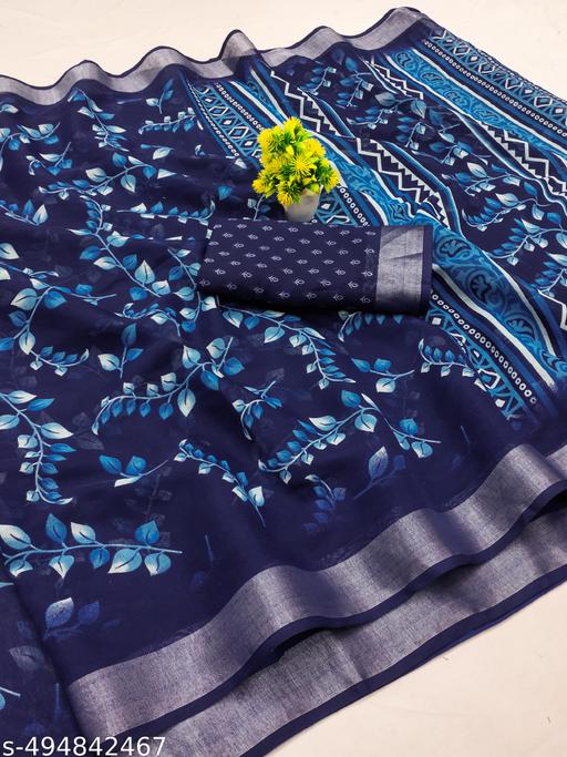 Festive Wear Linen Silver Jari Border Saree with Unstitched Blouse