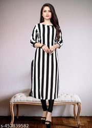 Casual American Crepe Round-Neck 3/4 Length Sleeves Stripe Printed Straight Kurti (45"Inches)