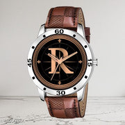 Welix Analog Round Black Dial ALPHABET R Design Stylish Brown Leather Strap Classic Design Fancy Wrist Watch for Men and Boys, Pack of 1 - ALPHA-R-AVO-SIL-BRW-CHL