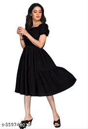Women Rayon Solid A-Line Flared Kurti | Stylish Puff Sleeve One Piece Dress| Party Wear Dress Under 199 | Black