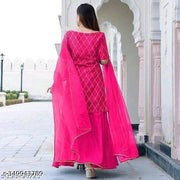 Eshanay Fashion Women's Beautiful Rayon Printed Round Neck Kurta And Sharara With Net Dupatta Set