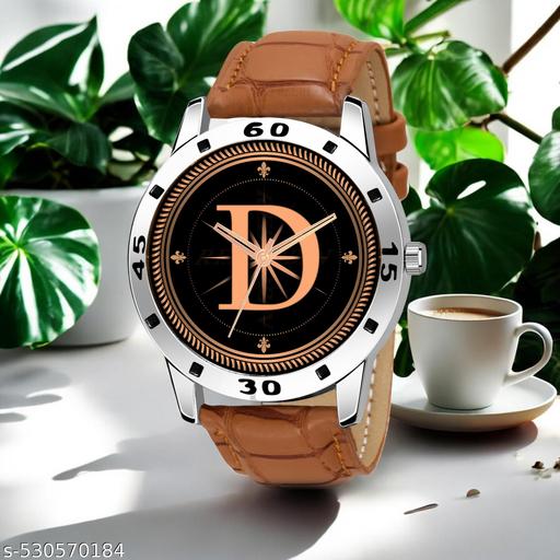 Femeo  Analog 9111 Watches Round Black Dial D Design Stylish Beige Leather Strap Classic Design Fancy Wrist Watch for Men and Boys, Pack of 1 - A07ZALPHA-D-AVO-SIL-TAN-CRL