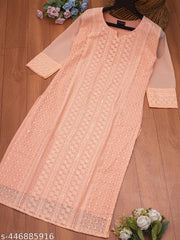 Chikankari Kurti for Women & Girls | Cotton Georgette Long Kurta | Calf Length Daily Wear Kurti | Office Wear Chiken Kurta for Ladies