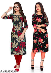 Polyster/Crepe fabric-Stylish Women's MultiColor Digital Printed Straight Kurti (COMBO-2)