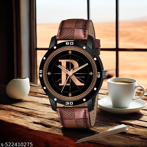 FEMEO WATCHES Analog Round black Dial ALPHABET R Design Stylish brown Strap Classic Design Fancy Watch for Men and Boys, Pack of 1 ALPHABET R-AVO-BLK-BRW-CHL-1