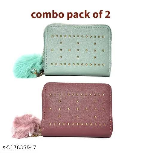 Womens Faux Leather Mini Wallet Purse Combo Pack of 2 Stylish Metal Studded Design with 4 Card Slots Zipper Coin Pocket Compact and Durable Light Green & Dark Beige