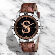 Talgo Analog Round Black Dial ALPHABET S Design Stylish Brown Leather Strap Classic Design Fancy Wrist Watch for Men and Boys, Pack of 1 - ALP-S-AVO-SIL-BRW-CHL