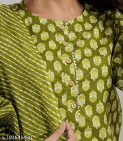Stylish Green Cotton Printed Kurta Set with Dupatta for Women