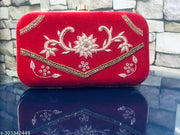 Women Stylish & Trendy Red Velvet Embroidery Clutch