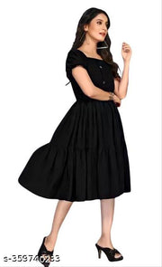 Women Rayon Solid A-Line Flared Kurti | Stylish Puff Sleeve One Piece Dress| Party Wear Dress Under 199 | Black
