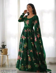 gown party wear Flower Print Long Kurti With Dupatta (No Bottomwear)