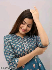 A Treading Beautiful Women Printed Blue anarkali kurti  Trendy Blue Floral Printed Rayon Flared Kurti – Perfect for Daily Wear, Three-Quarter Sleeves