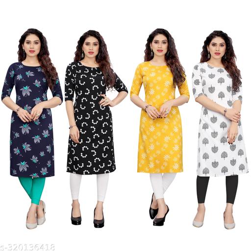 Women Printed Crepe Straight Kurti Combo of 4