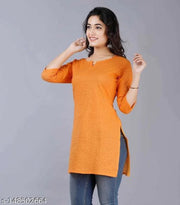 Women Cotton Solid 3/4th Sleeve V-neck Short Kurta-Orenge