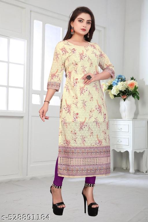 Women’s Floral Printed Straight Kurti | 3/4 Sleeve Ethnic Kurta | Round Neck Stylish Kurti | Casual, Office Wear, Daily Wear & Festive Outfit