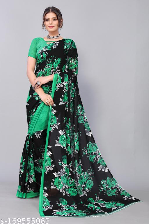 Women's Green Floral Printed Georgette Saree with unstitched blouse piece