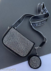 Rhinestone Latest Sling Bag With Coin Pouch Broad Belt  Pack of Combo Detachable Crossbody Wide Shoulder Strap Side Square Bling Bag Stylish Evening Clutch Trending Handbags Girls Latest Ladies Purse