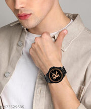 Prathshya Analog Round Black Dial ALPHABET R Design Stylish Black PUn Strap Classic Design Fancy Wrist Watch for Men and Boys, Pack of 1 - ALPHA-R-3K-BLK-CDBLK