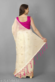 Women's Soft Net Saree with Heavy Golden Floral Embroidery, Mirror Work Border, Fancy Tassel Pallu and Unstitched Blouse Piece for Wedding Party Festive Wear