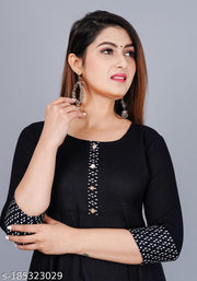 Trendy Women's Solid Printed Round Flared Kurti (Black)
