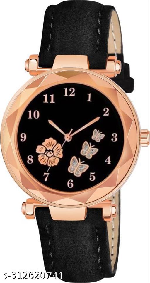 Flower Butterfly Design Dial Pink Lather Strap Woman Analog Watch
