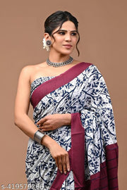 Jaipuri Hand Block Printed Soft Cotton Mulmul Saree ,Sanganeri Cotton Malmal Saree, Bagru Cotton Saree, Batic / Batik Print Cotton saree In Super Fine 92*80 Fabric Quality With Attached Blouse Piece for Woman