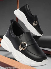 EVOLTAR branded Buckle ornamented moccasins women chunky casual platform sneakers slip on shoes for women canvas flat heels ladies footwear Flatform loafers belly . Black