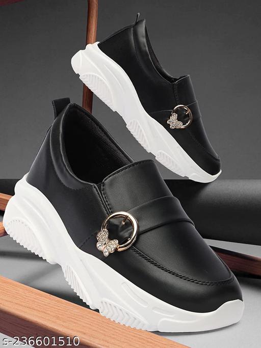 EVOLTAR branded Buckle ornamented moccasins women chunky casual platform sneakers slip on shoes for women canvas flat heels ladies footwear Flatform loafers belly . Black