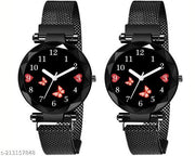 Analogue Studded Stylish Black Dial Magnet Watch for Girls and Women (Combo of 2)