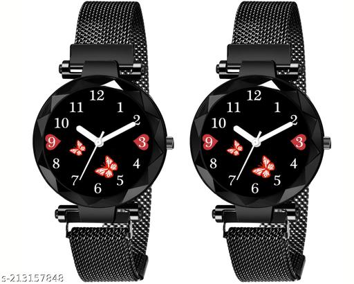 Analogue Studded Stylish Black Dial Magnet Watch for Girls and Women (Combo of 2)