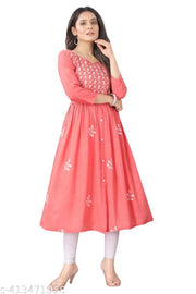 Women Embroidered Cotton Rayon Flared  Kurta  Anarkali Kurti Peach