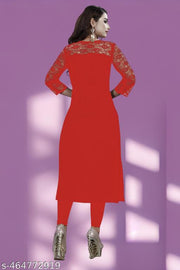 Casual American Crepe and Round Neck 3/4 Legnth Sleeve Red Kurti (45"inches)