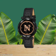 Atix ALPHABET "N" Trendy Analog Wrist Watch for Women & Girls - New Arrival with Classic Black Dial and Black Leather Strap| Pack of 1 | ALPHA-N-GEN-BK-BLK-CUTL