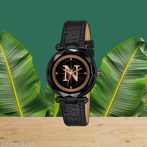 Atix ALPHABET "N" Trendy Analog Wrist Watch for Women & Girls - New Arrival with Classic Black Dial and Black Leather Strap| Pack of 1 | ALPHA-N-GEN-BK-BLK-CUTL