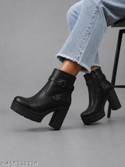 STRASSE PARIS | Trendy Women Black Chunky Block Heel Platform Ankle Boots | Metallic Buckle Detail Side Zipper High Heel Winter Boots / Party & Casual Wear Footwear