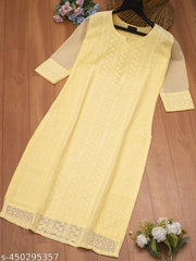 Latest Chikankari Kurti For Women Stylish (Plus Size Kurti, Long Kurti) / Yellow Kurti
