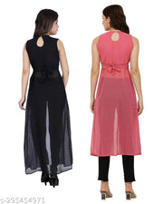 Shimao women Georgette round neck kurti (Black and Pink)