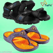 TieFit Men's Accupressure Non-Slip Slippers & Light Weight Sandal Combo Pair Of 2