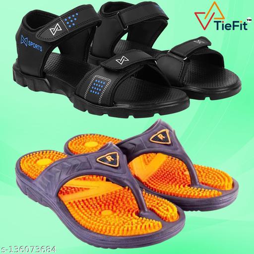 TieFit Men's Accupressure Non-Slip Slippers & Light Weight Sandal Combo Pair Of 2