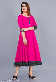Unique Stylist Women's Solid Printed Round Pleated Flared Kurti (Pink)