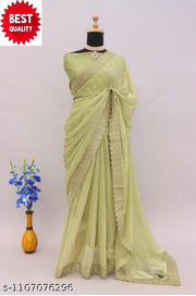 SHIMMER SAREE WITH MIRROR WORK AND CHEMICAL LACE AND DIMOND HAND WORK