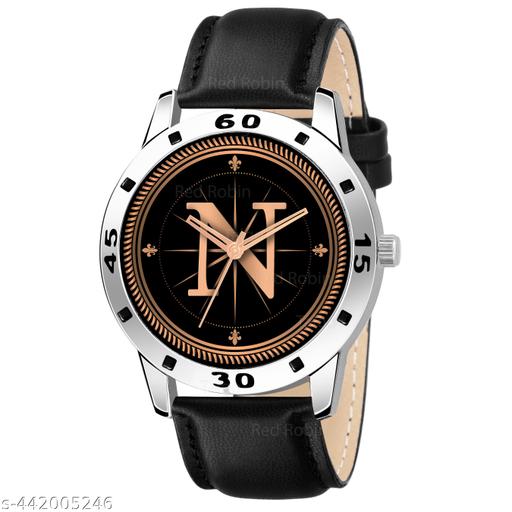 Talgo Analog Round Black Dial ALPHABET N Design Stylish Black Leather Strap Classic Design Fancy Wrist Watch for Men and Boys, Pack of 1 - ALPHA-N-AVO-SIL-BLK-L