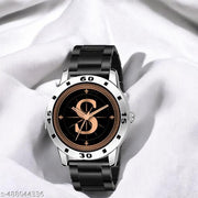 Welix Analog Round Black Dial ALPHABET S Design Stylish Black PU Strap Classic Design Fancy Wrist Watch for Men and Boys, Pack of 1 - ALPHA-S-AVO-SIL-CDBLK