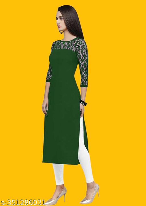 Casual American Crepe And Net Round-Neck 3/4 Length Sleeves Dark Green Kurti (45"Inches)