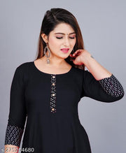Unique Stylist Women's Solid Printed Round Pleated Flared Kurti (Black)