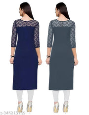 Pack of 1 Casual American Crepe And Net Round-Neck 3/4 Length Sleeves Navy Blue & Grey Kurti (45"Inches)